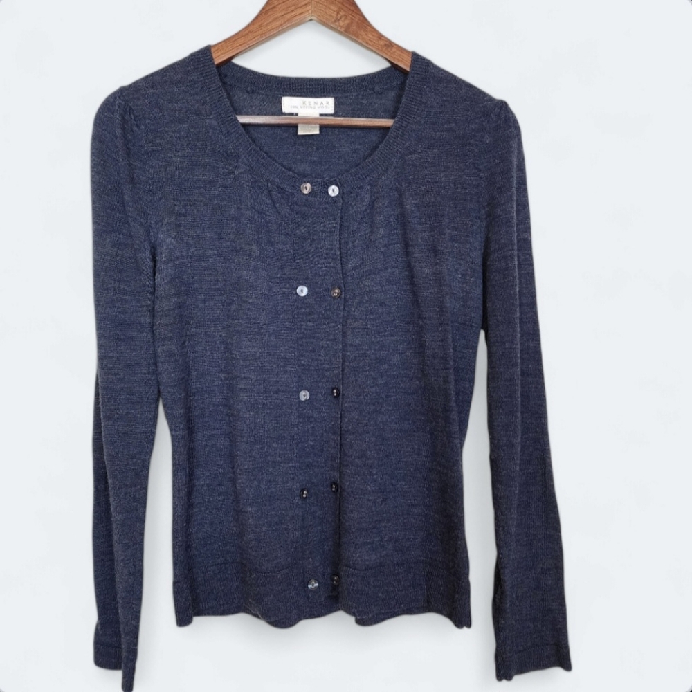Blue Gray Merino Wool Iridescent Button Knit Cardigan Small Y2K Casual Academia